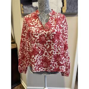 NWT LOFT M Pet Rio Red Multi Floral Night Bloom V-Neck Lightweight Blouse Women